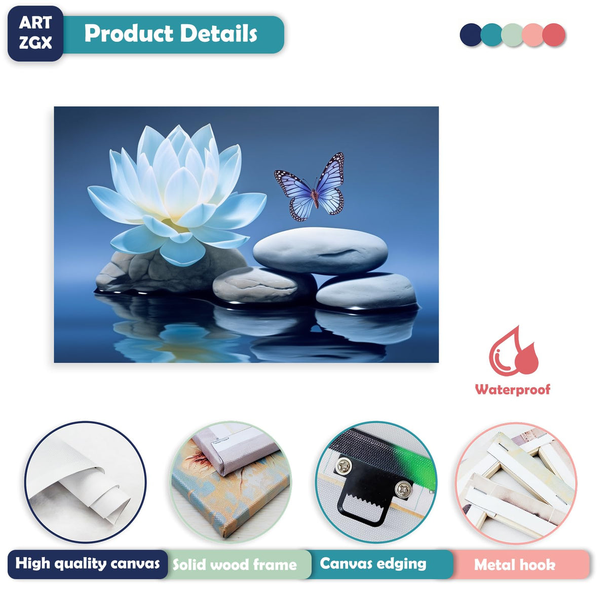 Blue Zen Wall Art Lotus Flower Canvas Spa Stone Pictures for Bathroom Wall Decor Meditation Butterfly Painting Frame (Zen - A / 12"L x 18"W)