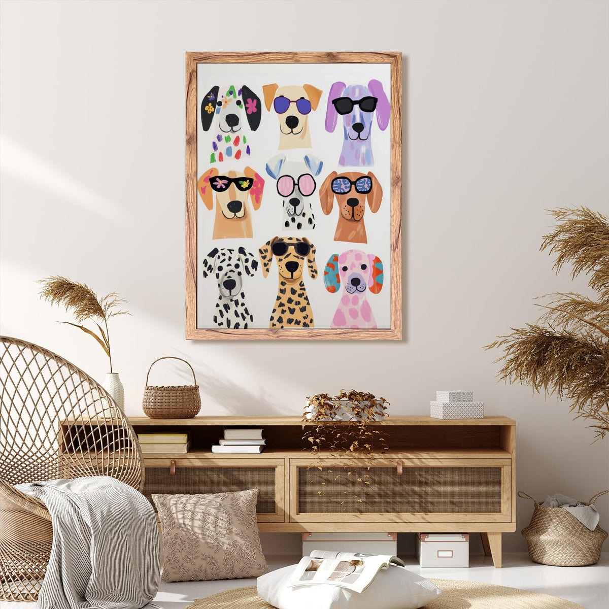 Wood Frame Colorful Funny Dog Wall Art Cool Pet Portrait Canvas Print Trendy Puppy Poster Cute Dogs Wearing Sunglasses Artwork Maximalist Animal Decor for Dorm Bedroom Nursery 8x12inch (8"L x 12"W / style-2 Wood Framed)