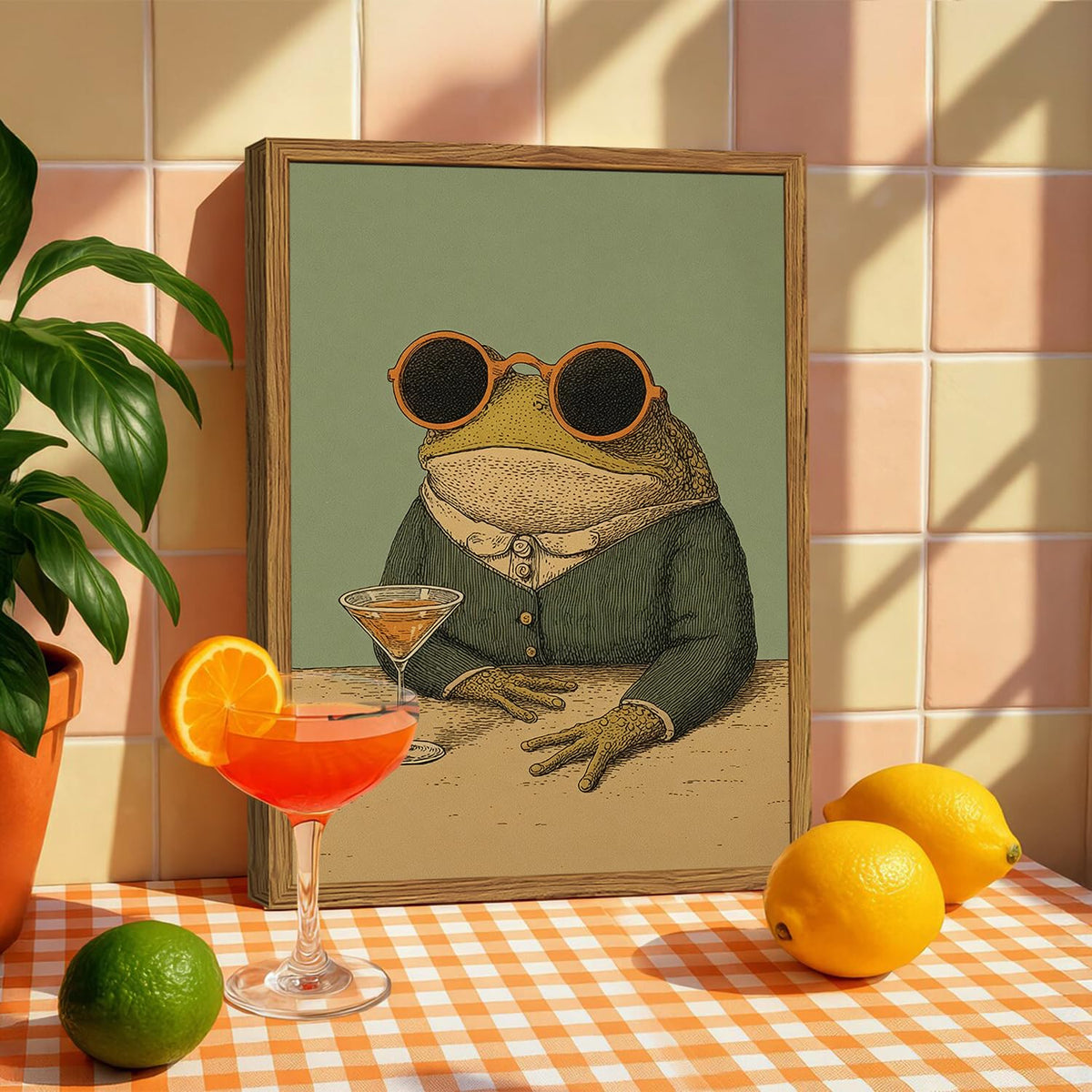 Framed Funny Frog Wall Art (Whimsical frog / 24"L x 16"W)