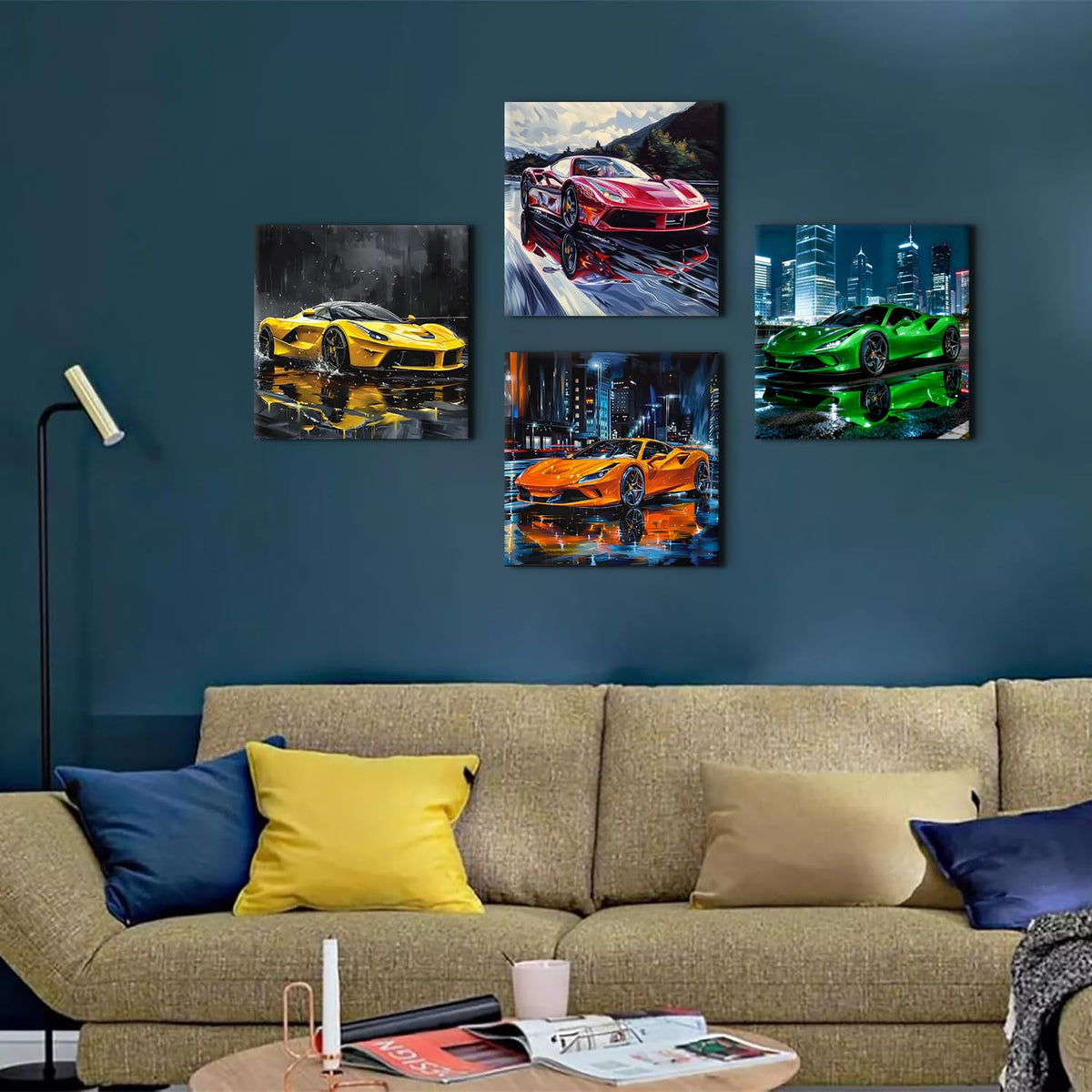 Sport Car Wall Art Car Posters for Boys Room Decor Supercar Pictures Wall Decor Cool Racing Paintings Canvas Prints Abstract Street Racing Vehicle Posters Artwork Teens Men Office Decoration 12x12" 4P (12"L x 12"W / Supercar)