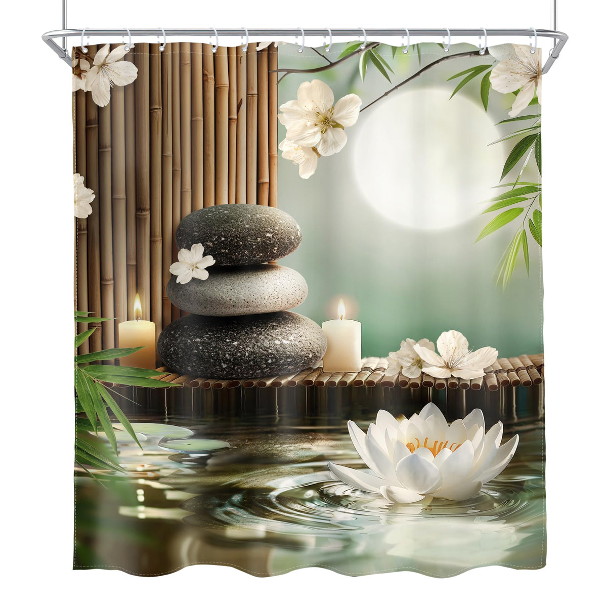 Lotus Zen Bamboo Stone Shower Curtain Spa Floral Flowers 60Wx72L Inch (E-green / 60"W x 72"L (Pack of 1))