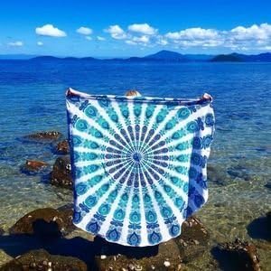 Round Tapestry Wall Hanging Ombre Hippie Mandala Bohemian Hippy Intricate Indian Tapestries Tablecloth 70 Inches (Teal and Blue on White / 70"L x 70"W)