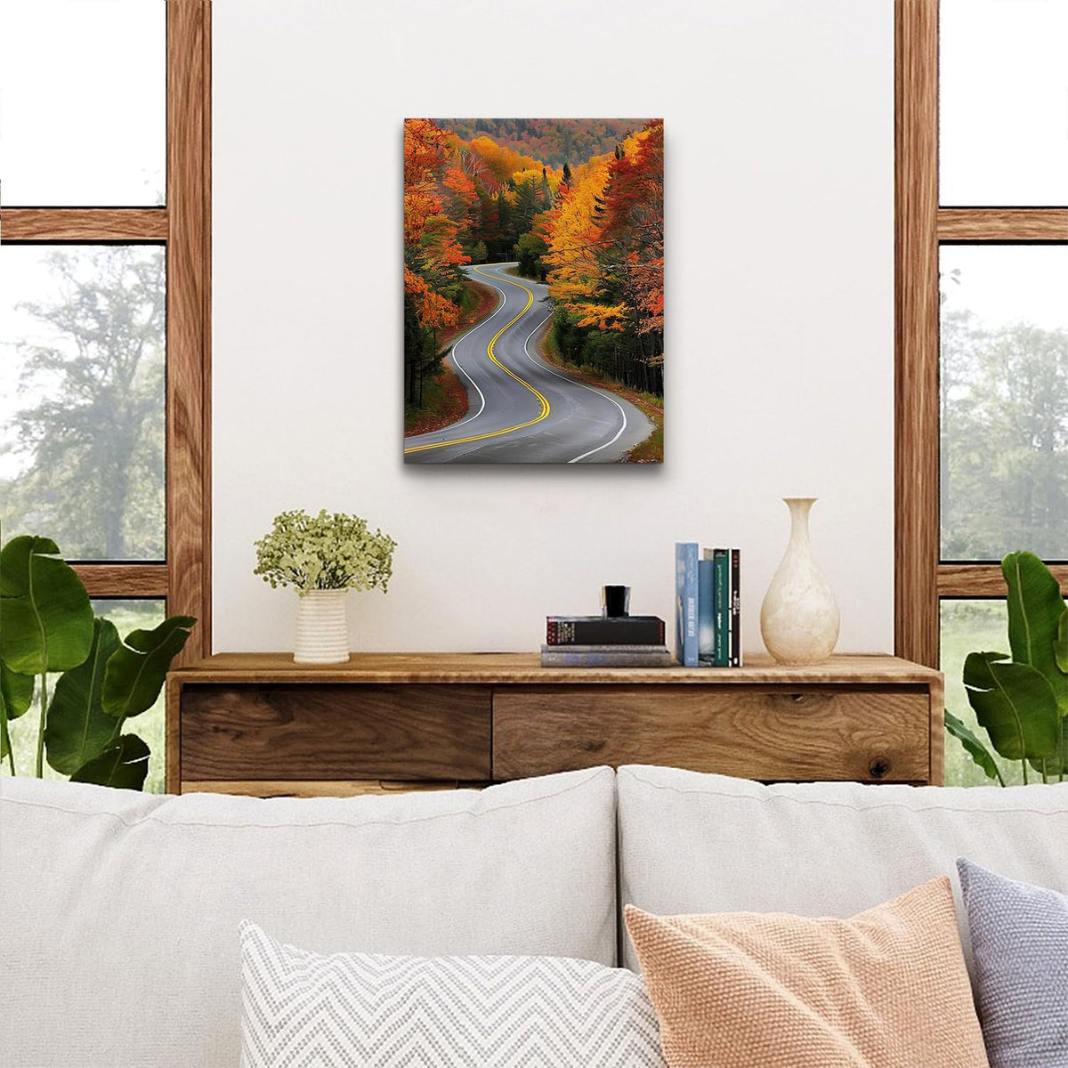 Autumn Forest Wall Art Mountain Forest Wall Decor Nature Red Orange Trees Country Road Landscape Photo Prints National Park Posters Woodland Artwork for Living Room Office Home Decorations 12x16" (16"L x 12"W / Fall Road)