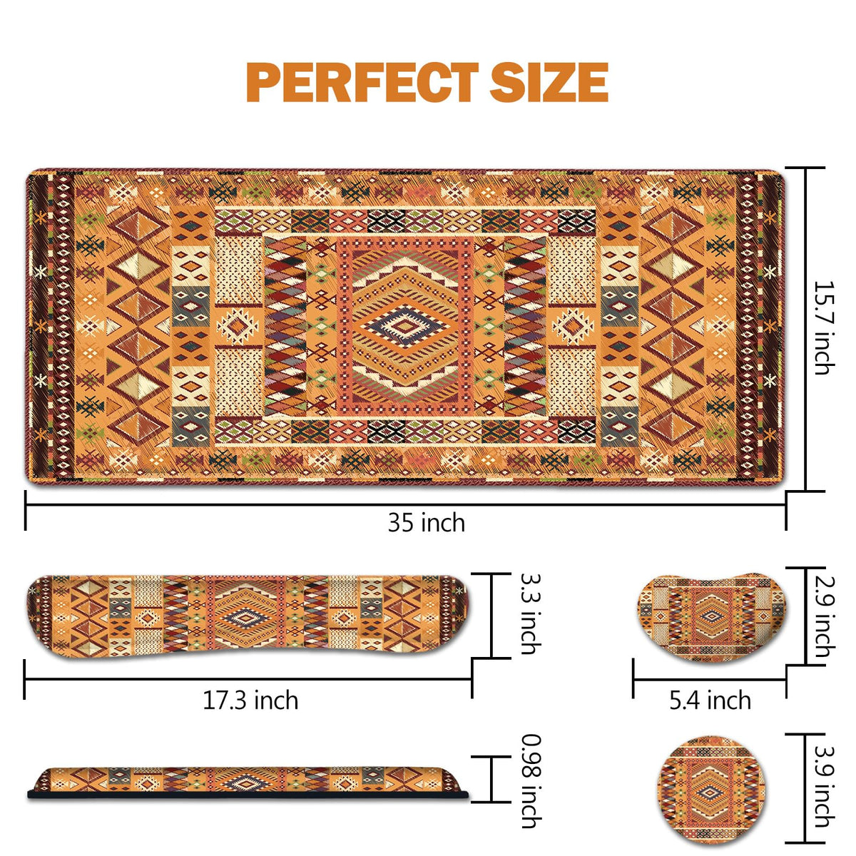 Desk Mat Set Large Mouse Pad + Mouse Wrist Rest + Keyboard Wrist Support + Coaster (Bohemian Orange)