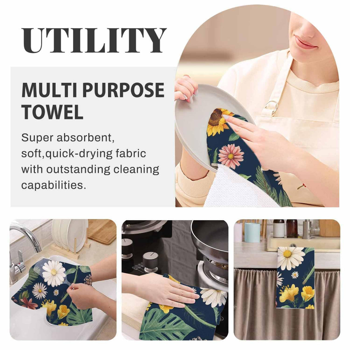 Floral Kitchen Towels Set of 2 Vintage Boho Botanical Dish Towels Absorbent Soft Hand Tea Bar Towels for Farmhouse Home Decor 16"X24" (Floral-9)
