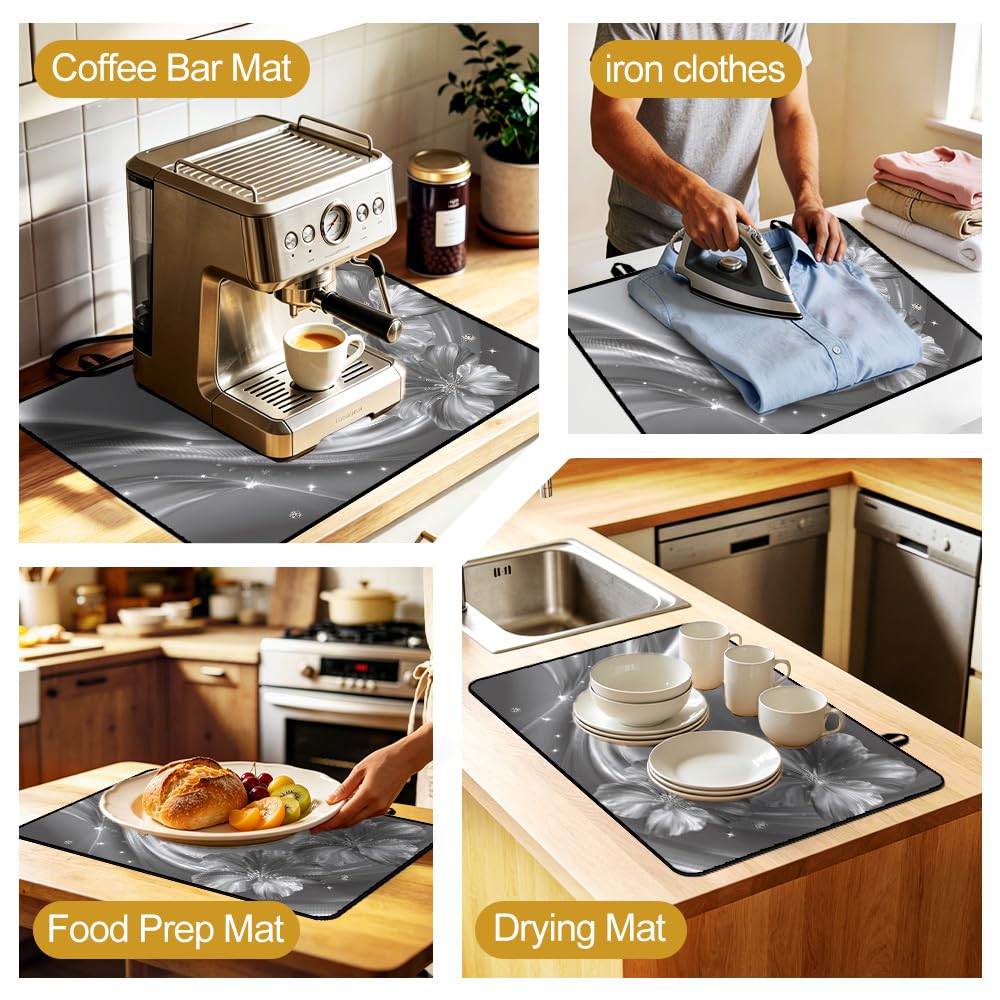 Silver Flower Stove Top Cover 28x20 Inch Decorative Glass Stove Cover (Colorful2551)