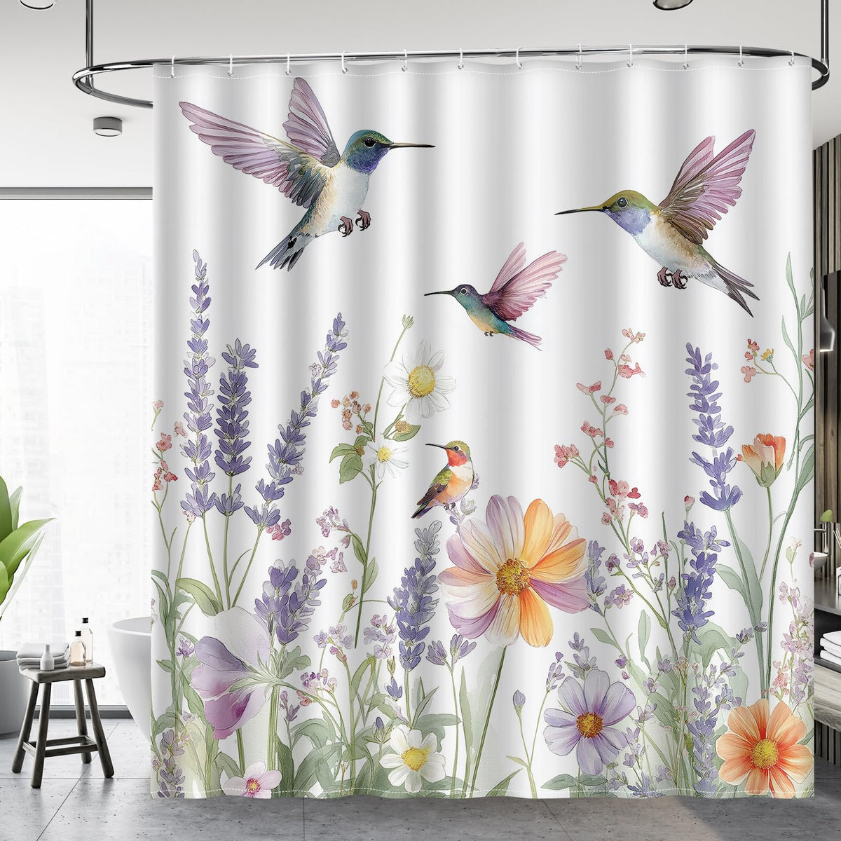 Hummingbird Shower Curtain Wildflower Lavender Daisy Garden Flower Watercolor Nature Floral Spring Bathroom Decor Bathtub Curtain Fabric Shower Curtain Set with 12 Hooks (Hummingbird Floral Garden / 72"W x 72"L (Pack of 1))