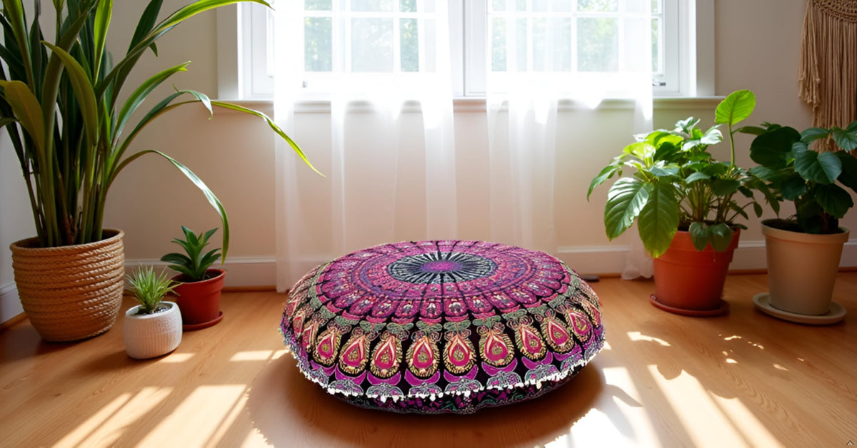 ICC 32 Inch Floor Pillows & Cushion covers Decorative Hippie Mandala Pouf Pillow covers Seating Meditation Cushion Cover Bohemian Large Boho Ottoman Case Pillowcase Couch Round Pink (Pink)