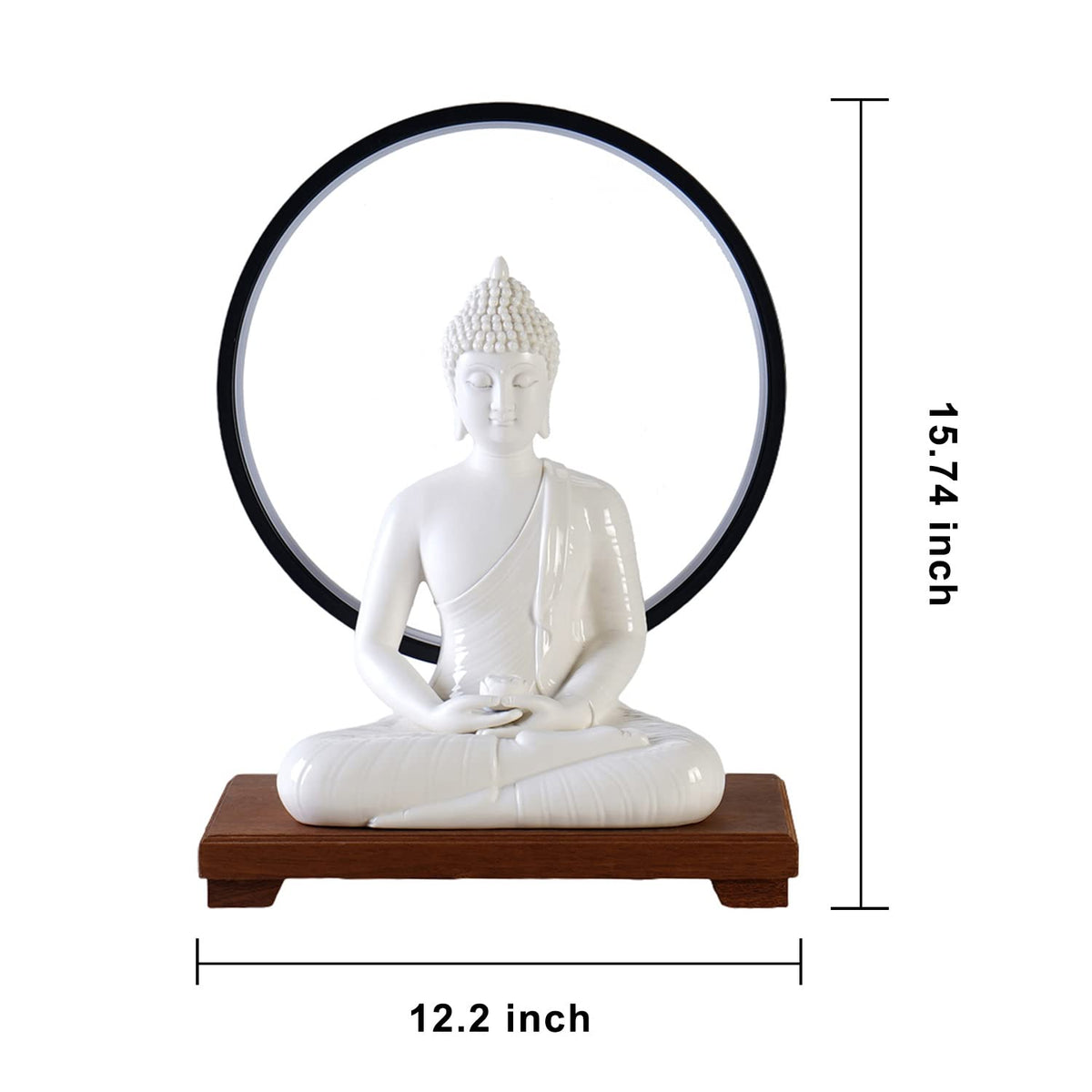 12 in White Buddha Statue and 15.74 in LED Circle Table Lamp (White)