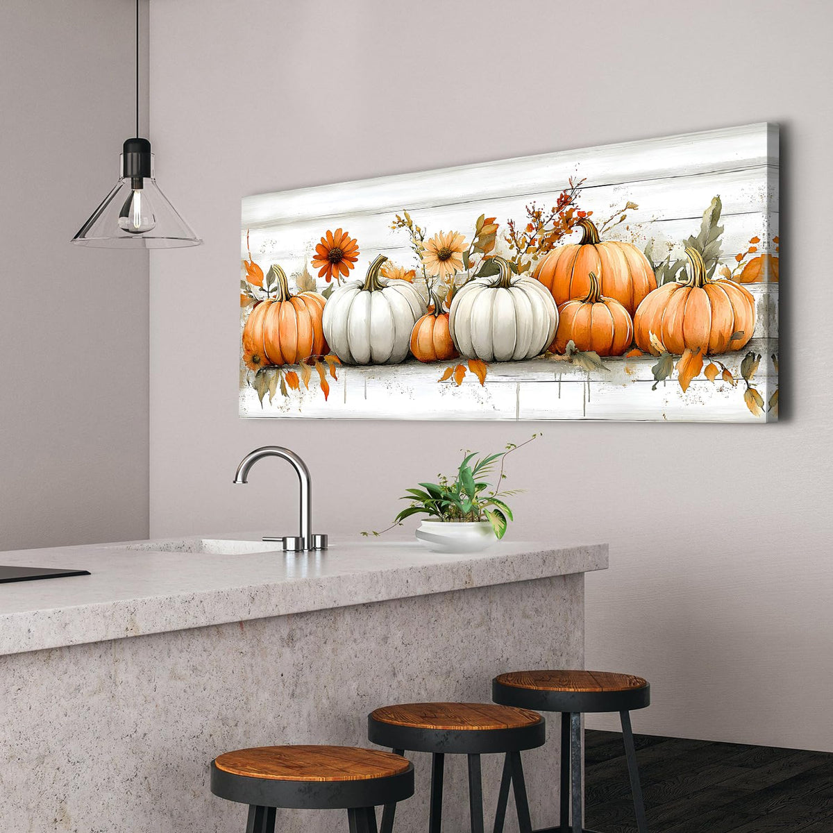 Farmhouse Pumpkin Flowers Canvas Wall Art Living Room Wall Decor (48"L x 24"W / Pumpkin6)