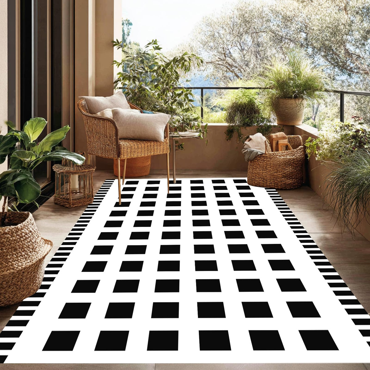 Checkered Reversible Outdoor Rug 6x9 FT Black White Patio RV Backyard (Horizontal Edge Check / 6x9 Feet)