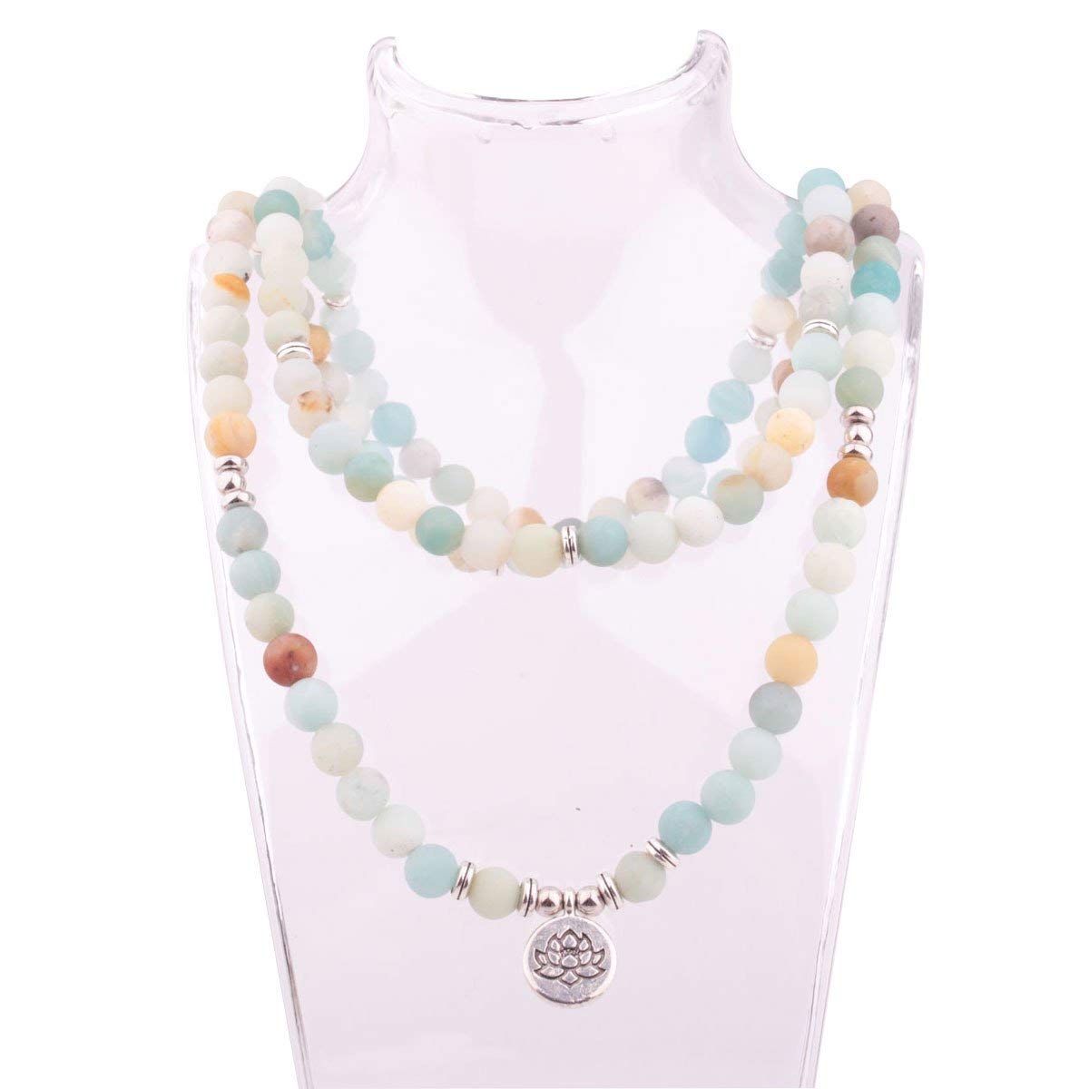 Amazonite 108 Mala Beads Yoga Necklace Natural Stone Charm Bracelet for Women Men Yoga Bangle (Amazonite with lotus)