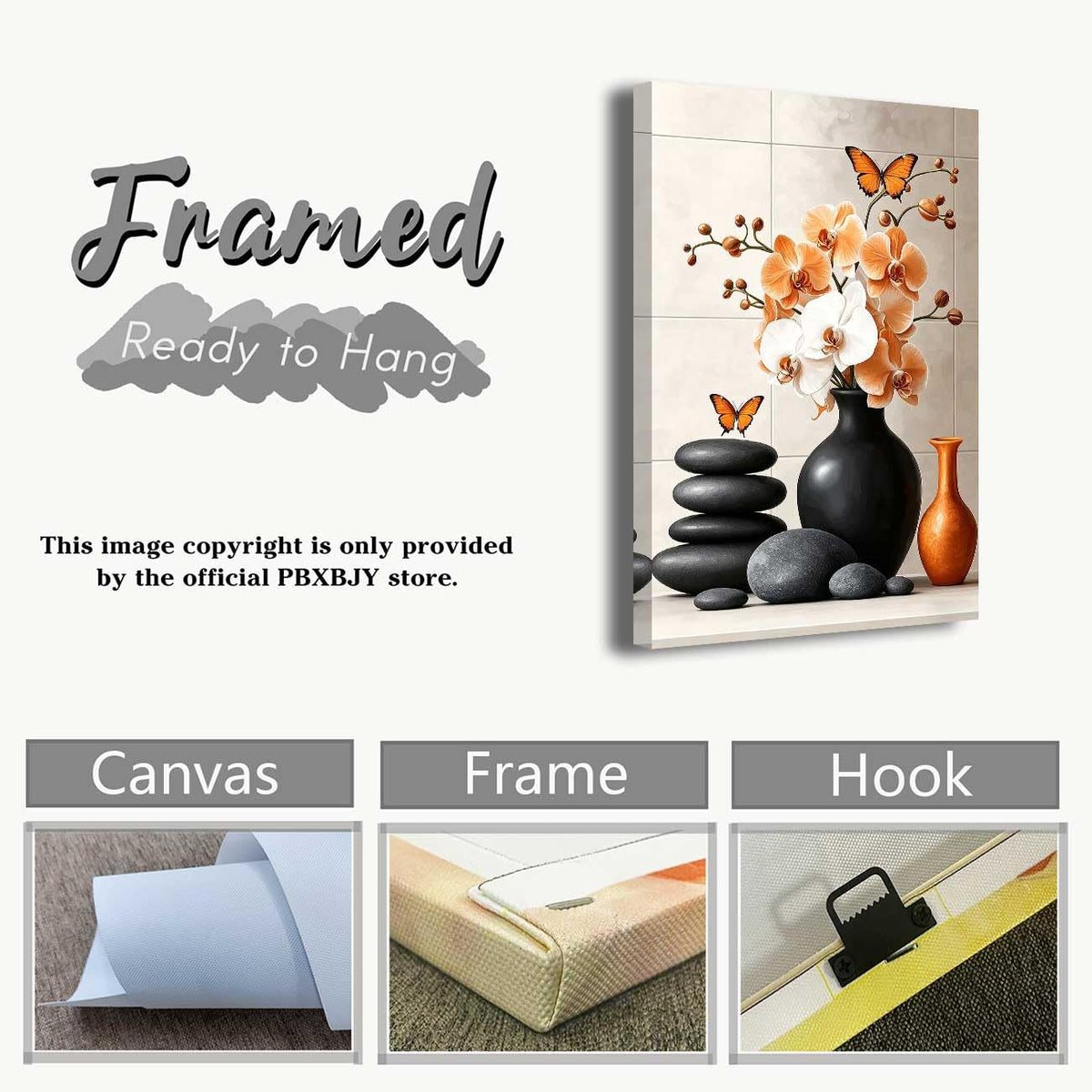 Orchid Flower Canvas Wall Art Zen Bathroom Pictures Prints Spa Stone Butterfly Wall Decor Black White Yoga Meditation Paintings for Living Room Bedroom (Orange / 42"L x 28"W)