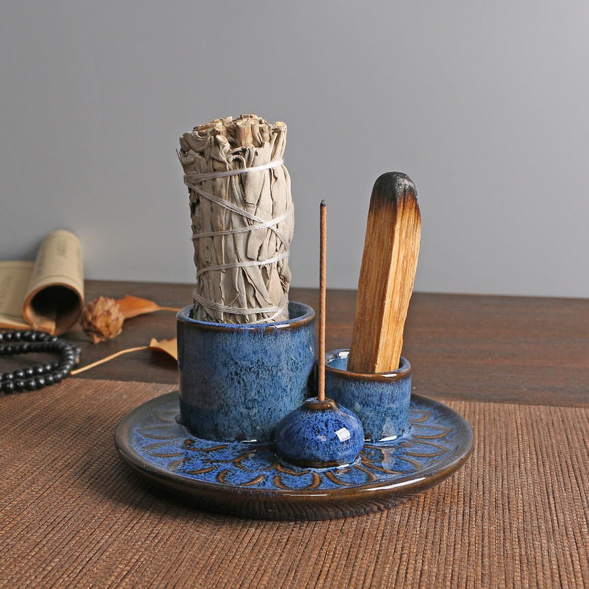 4-in-1 Ceramic Incense Burner Holder for Sticks/Palo Santo/Sage/Candle (Navy)