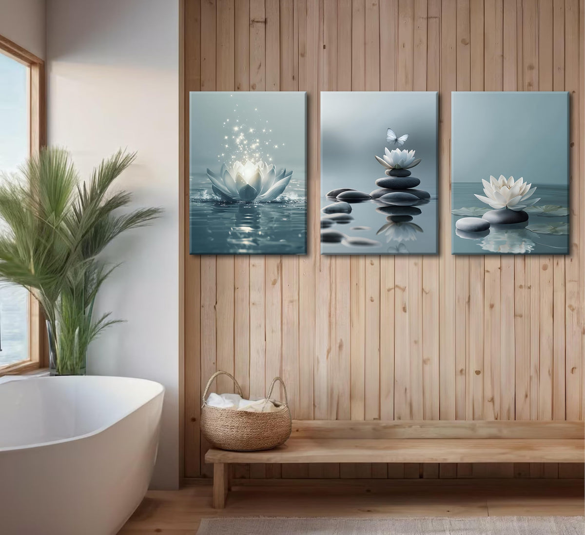 3Pcs Zen Stones Lotus Spa Canvas Wall Art White Lotus Blooming on Stones Painting Picture Wall Decor Modern Spiritual Poster Print Artwork for Yoga Meditation Spiritual Room Bathroom Home Decoration (Canvas / 16L" x 12W")