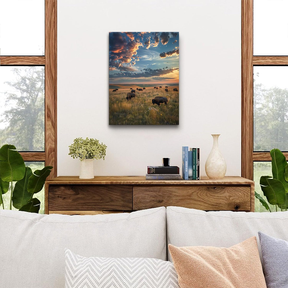 Cow Pictures Wall Decor American Bison Wall Art Tallgrass Prairie National Park Poster Nature Sunset Landscape Canvas Prints Highland Cow Artwork for Living Room Kitchen Home Decorations 12x16" (16"L x 12"W / Tallgrass Prairie)