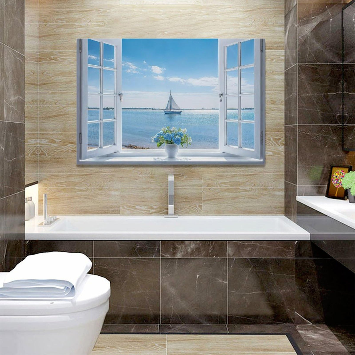 Ocean Bathroom Decor Wall Art Coastal Seascape Pictures Wall Decor Sea Landscape Canvas Prints Sailboat Hydrangea Painting Modern Artwork Home Decoration for Bathroom Bedroom Living Room 24"x16" (Seascape / 24"L x 16"W)