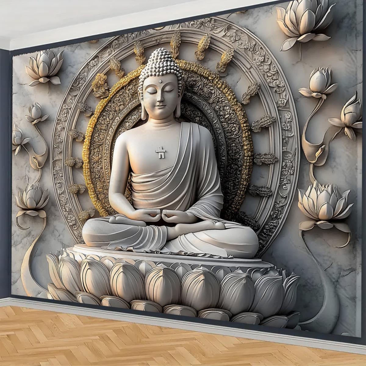 Vintage Sitting Buddha Tapestry Wall Hanging Buddhist Statue Tapestries Lotus Meditation Wall Decor Psychedelic Indian Zen Art for Bedroom Living Room Home Decor (Beige / 90"L x 71"W)