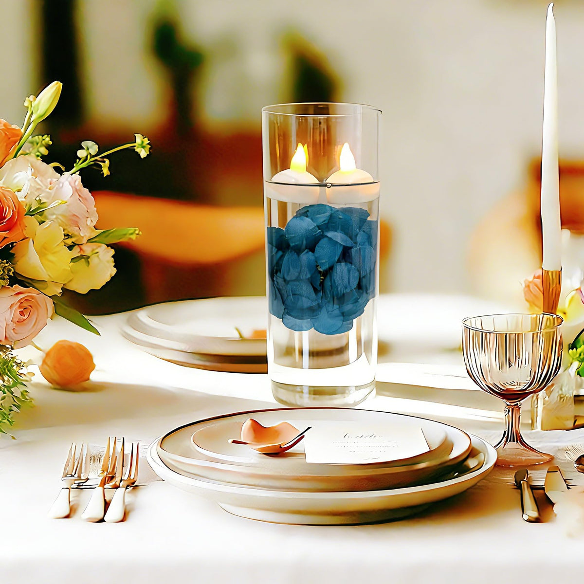 24 Pack Flameless Floating Candles for Centerpieces with Floating Flower (Darkblue)