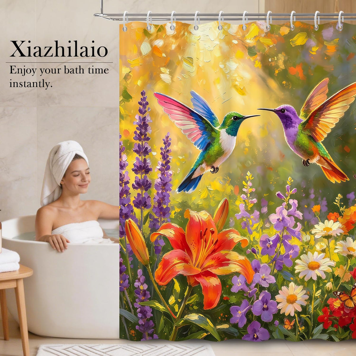 Vibrant Hummingbird Floral Shower Curtain with Hooks (Hummingbirds & Flowers)