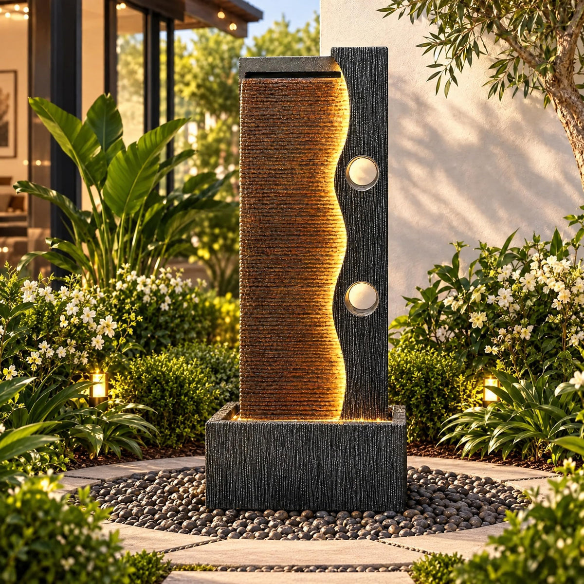 AUTODAYA 39" Zen Faux Slate Outdoor Fountain LED Cascading Waterfall (39.4"h Faux Slate)