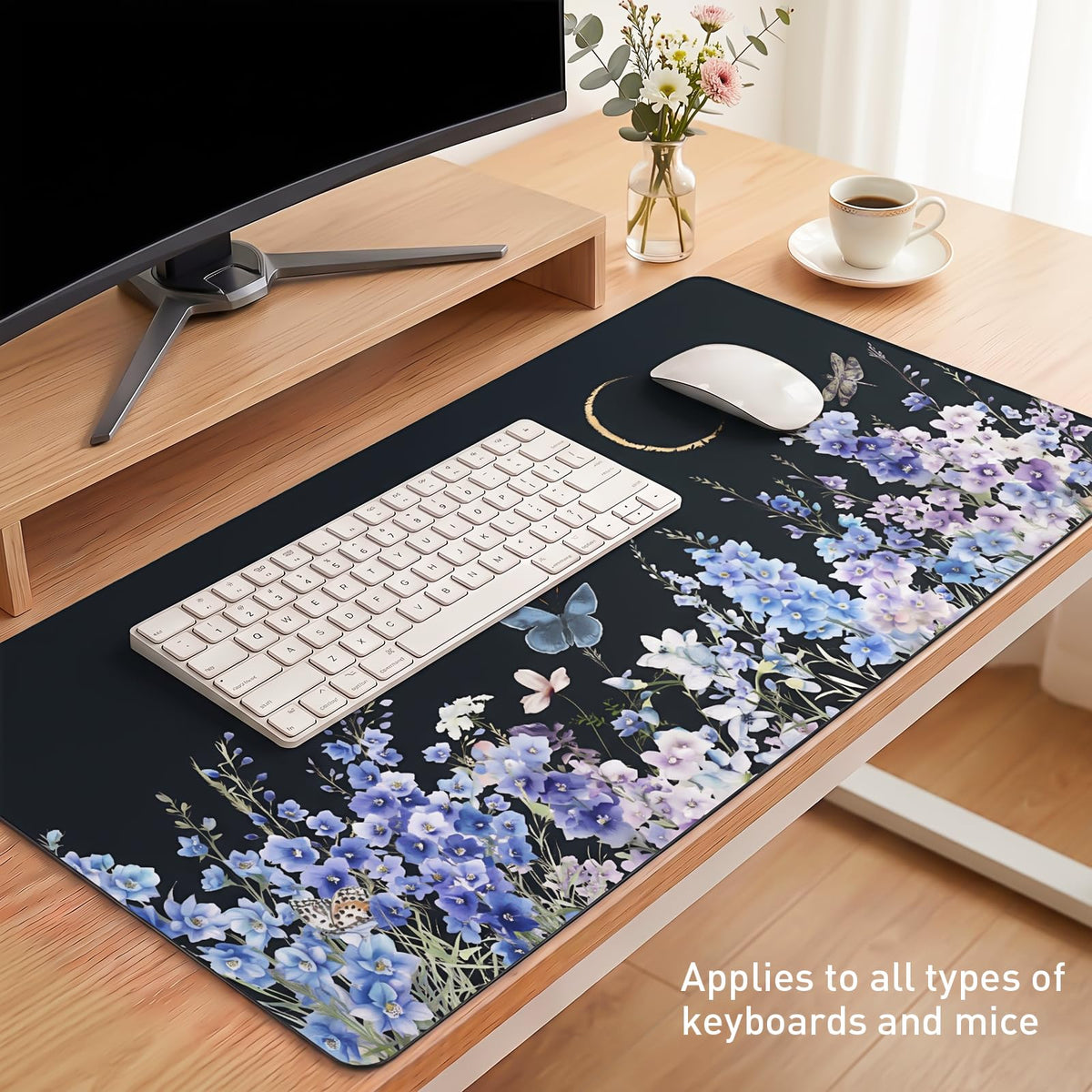 Black Desk Mat (Midnight Flower Cluster / 35.4" x 15.7")