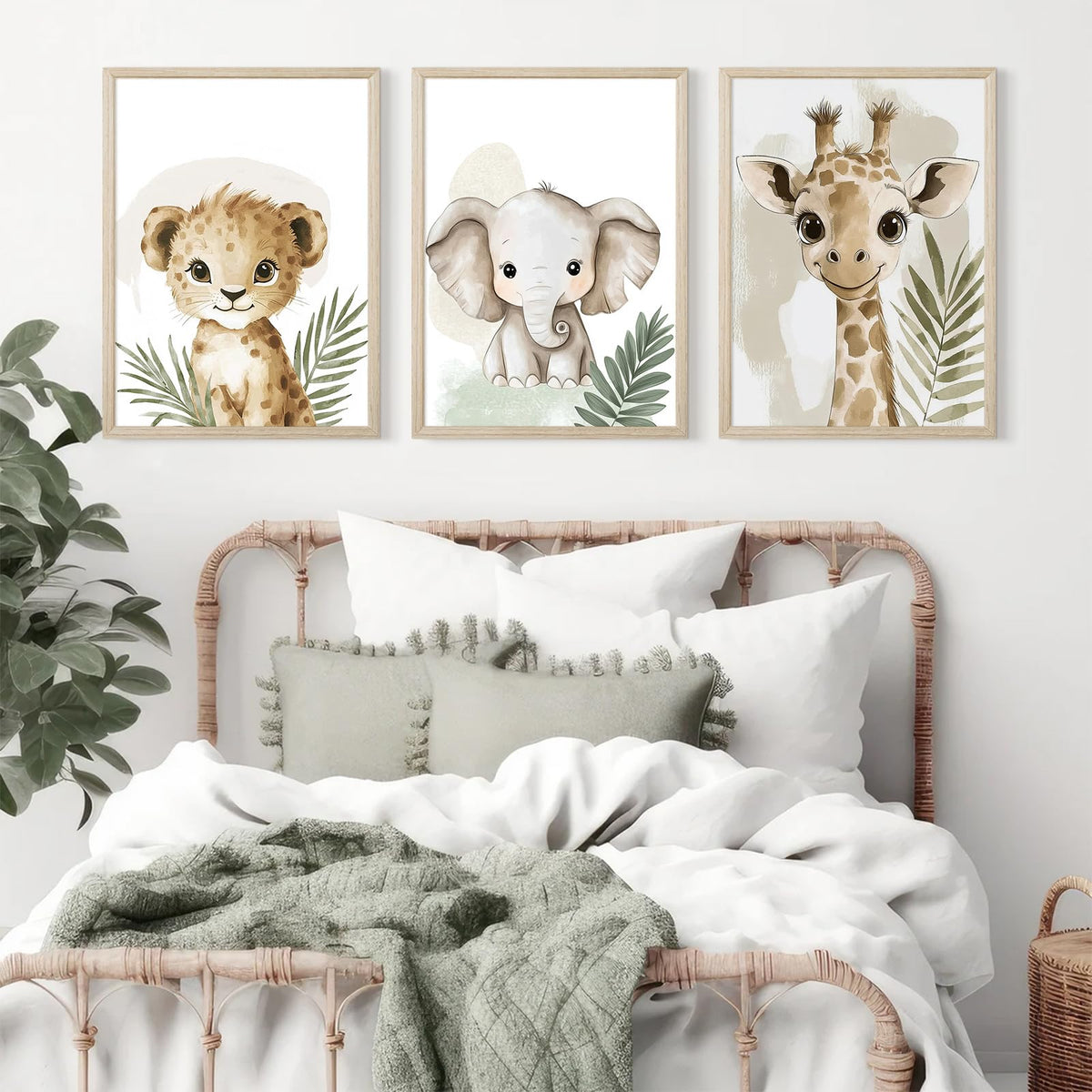 Nursery Animal Wall Art Decor Baby Boy Kids Room Pictures Safari Jungle Nursery Canvas Wall Decor Toddler Woodland Animals Prints Cute Giraffe Poster Artwork for Bedroom 16x24x3 Inch Wood Framed (16x24 Inch Framed / Leaf Elephant Prints)