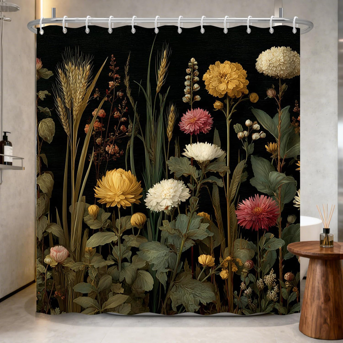 Dark Botanical Floral Shower Curtain with Hooks (Dark Flowers / 72"W x 78"L (Pack of 1))