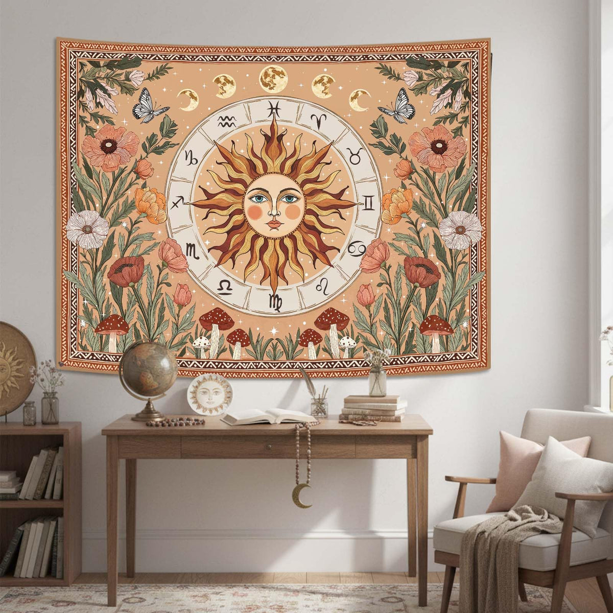 Boho Sun and Moon Vintage Mushroom Floral Tapestry 48x36 Inch (Light Red / 48"L x 36"W)