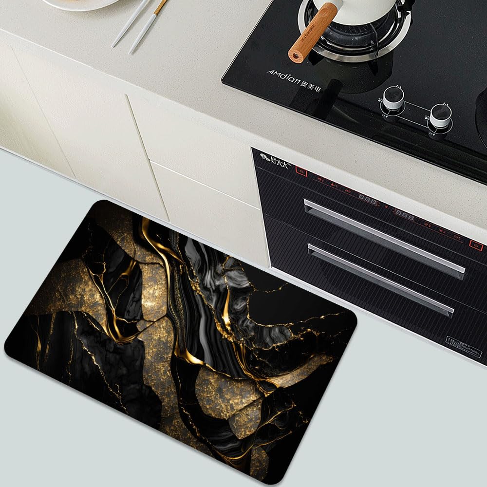 Bath Mat Bathroom Rug (Black and Metallic Gold Marble- / 20 x 31 inches)