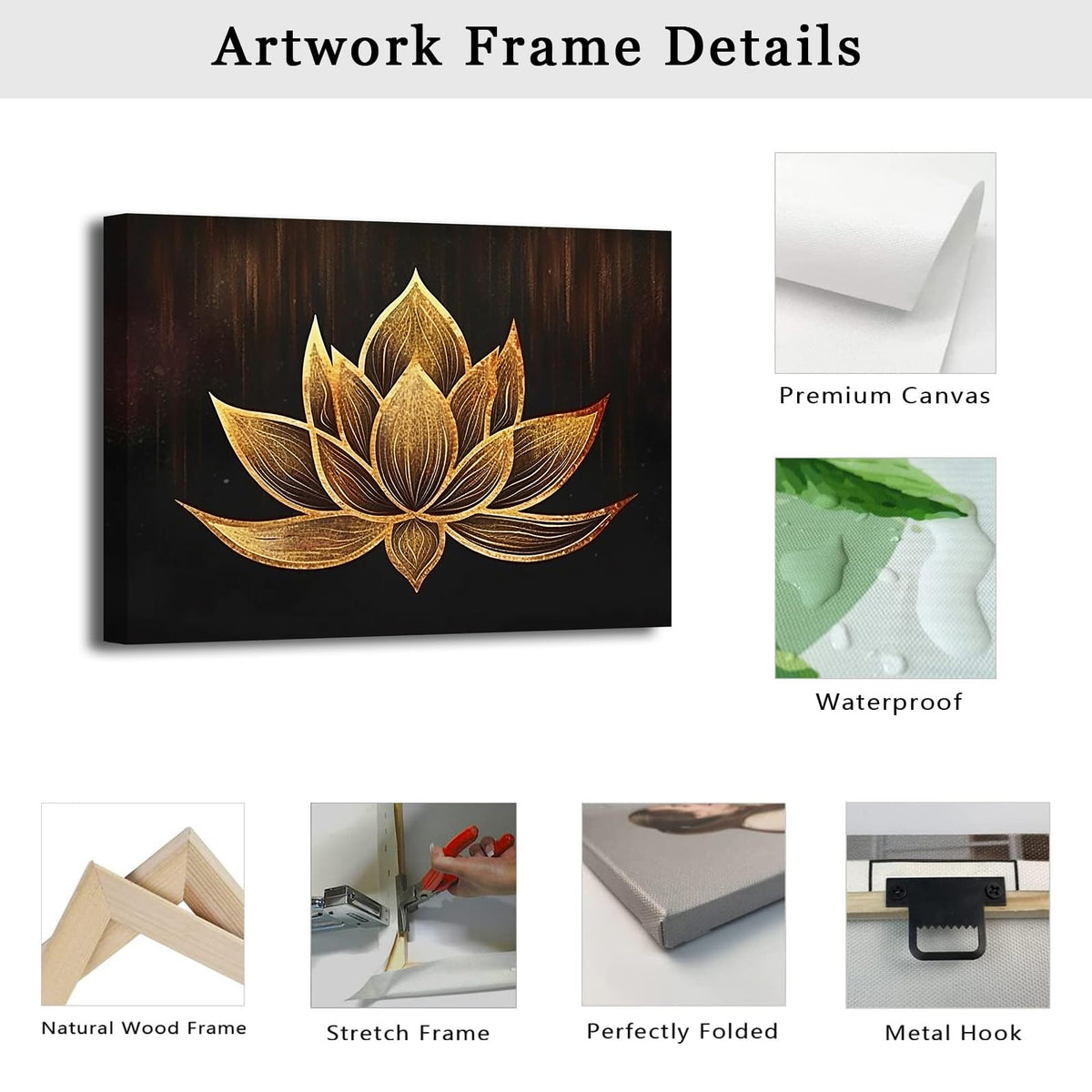 Zen Canvas Wall Art Black and Gold Lotus Flower Bloom Picture Prints Abstract Floral Painting for Spa Meditation Room Decor Framed (24"x36" / Zen-3)