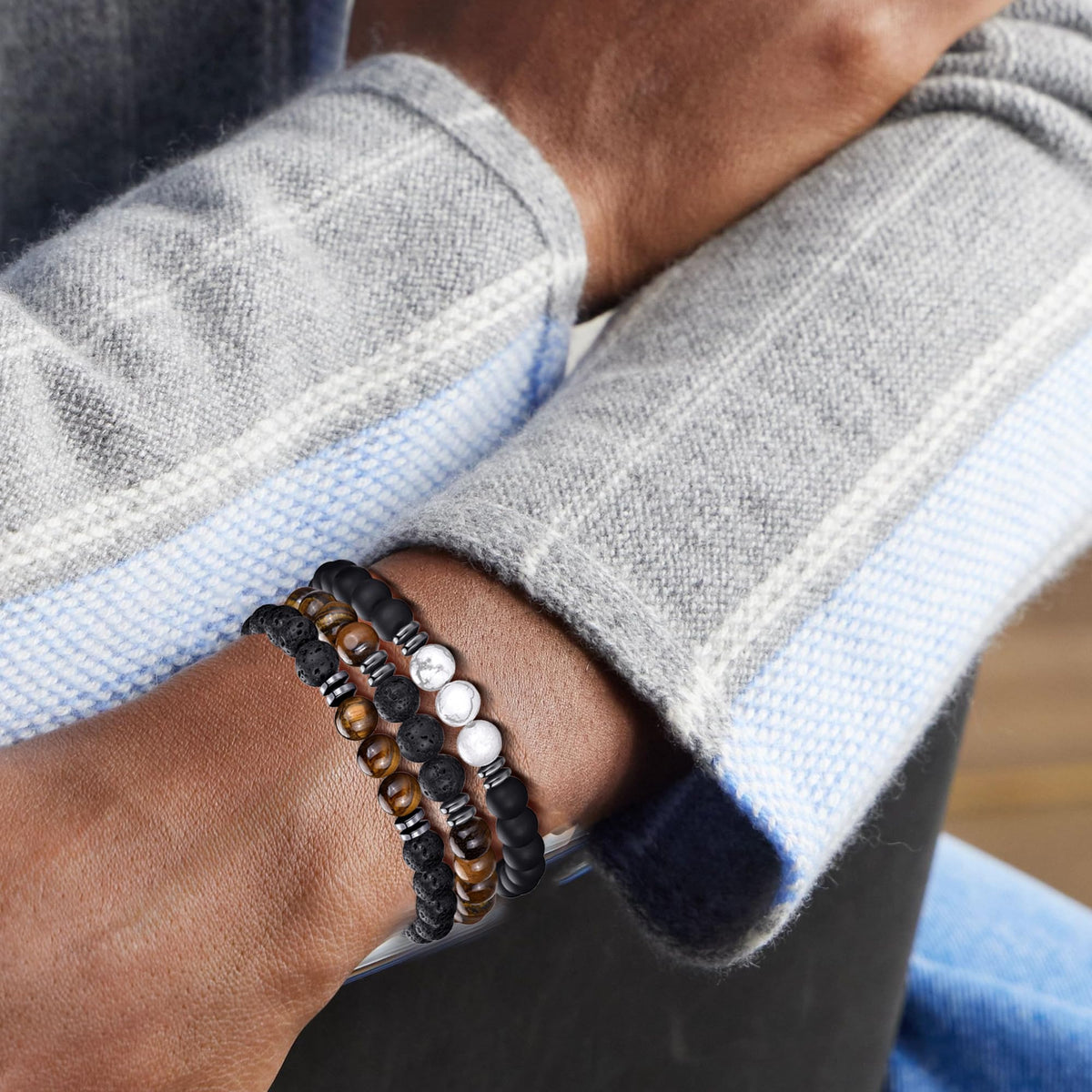 Mens Bracelets 8MM Natural Stone Beads Bracelet Set Stretch Adjustable Beaded Bracelets for Men (4,black,white,brown)