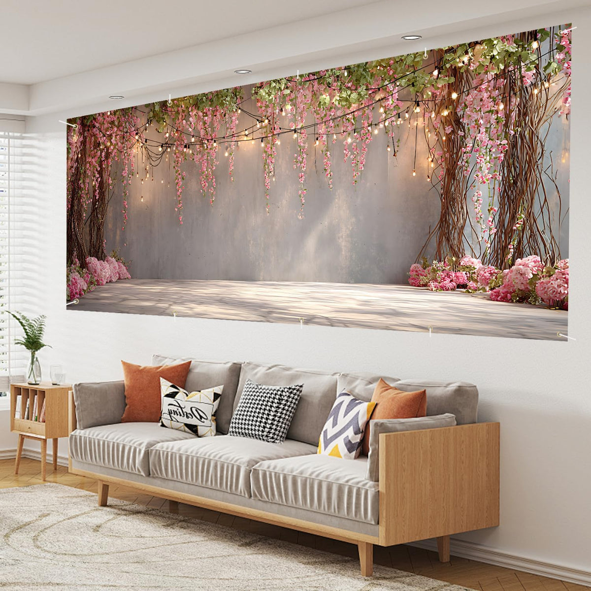 16x7Ft Romantic Pink Flower Vine Wall with Hanging Lights (148 / 7 x 16 ft)