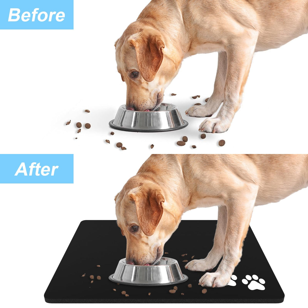 Dog Food Mat 16" x 24" Footprint Absorbent Dog Cat Bowl Mat for Food and Water (A-Black Footprint / 16"L x 24"W)