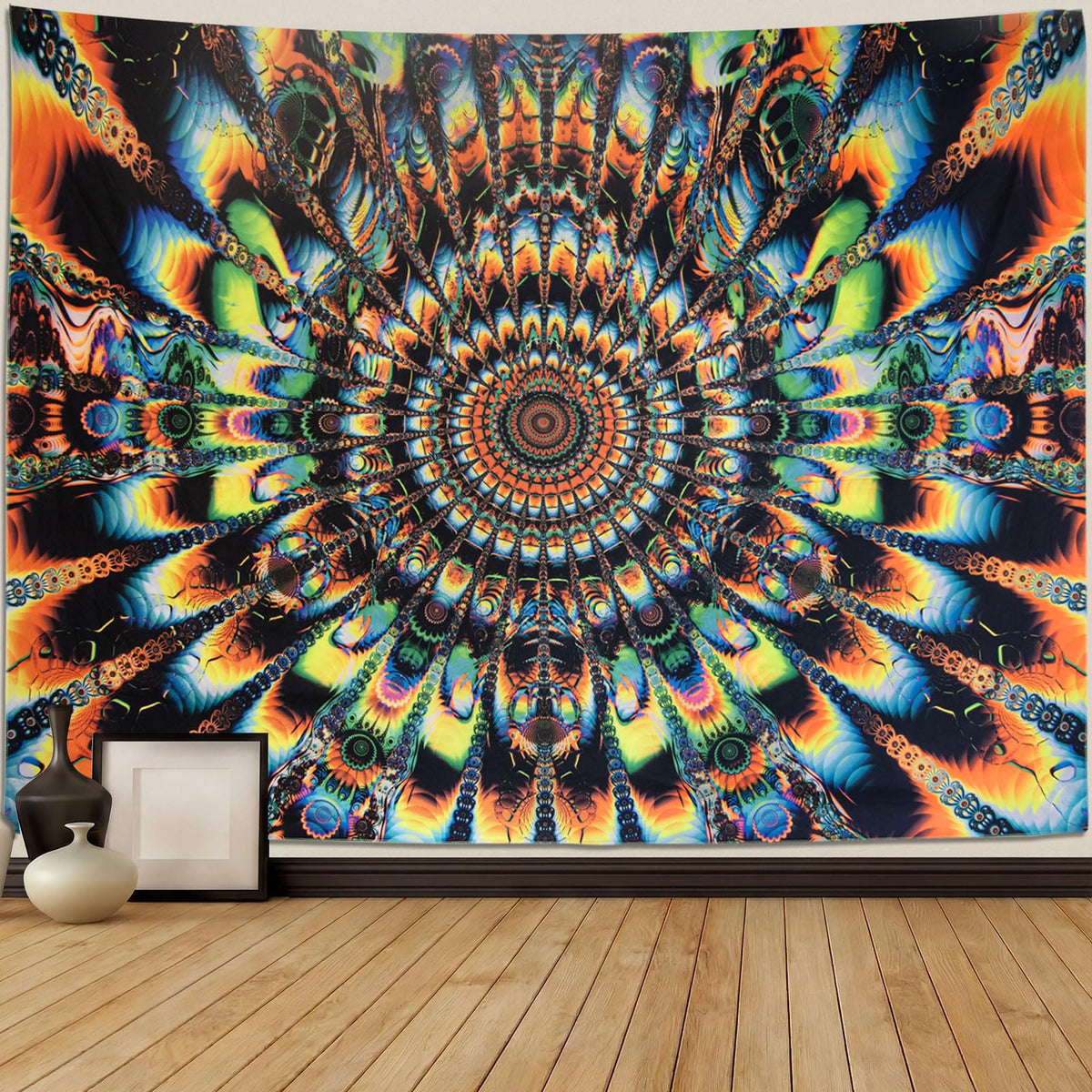 Blacklight Mandala Tapestry for Bedroom (Mandala Tapestry Orange / 90"L x 70"W)
