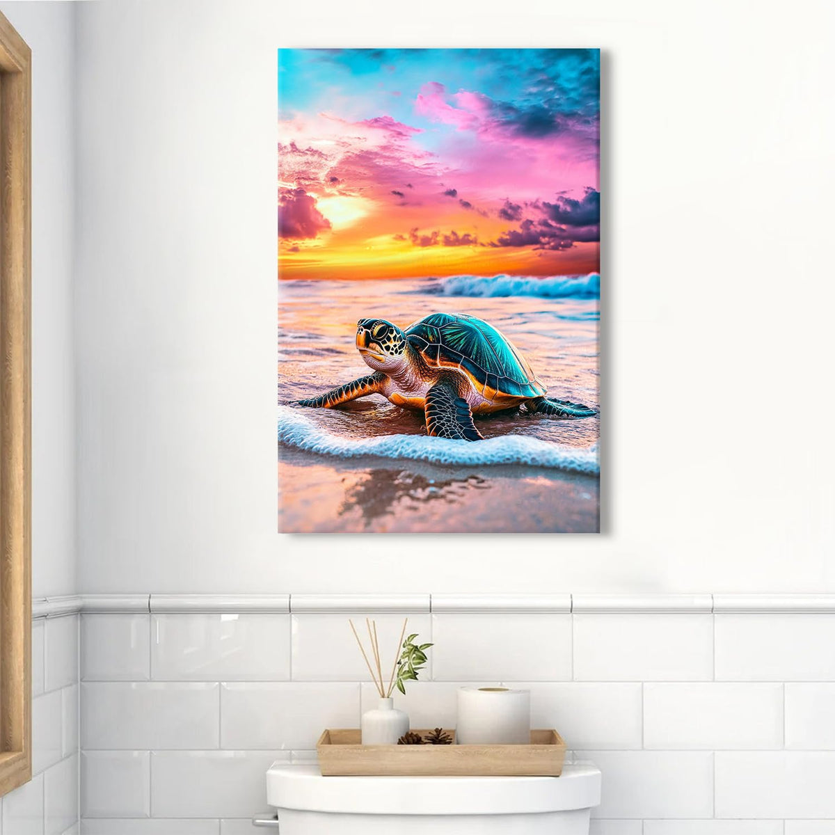 Sunset Beach Canvas Wall Art Nature Sea Turtle Wall Decor Tropical Coastal Landscape Pictures for Living Room Ocean Animal Paintings Seascape Photograph Prints Artwork Modern Office Decorations 16x24" (16"L x 24"W / Seaturtle)