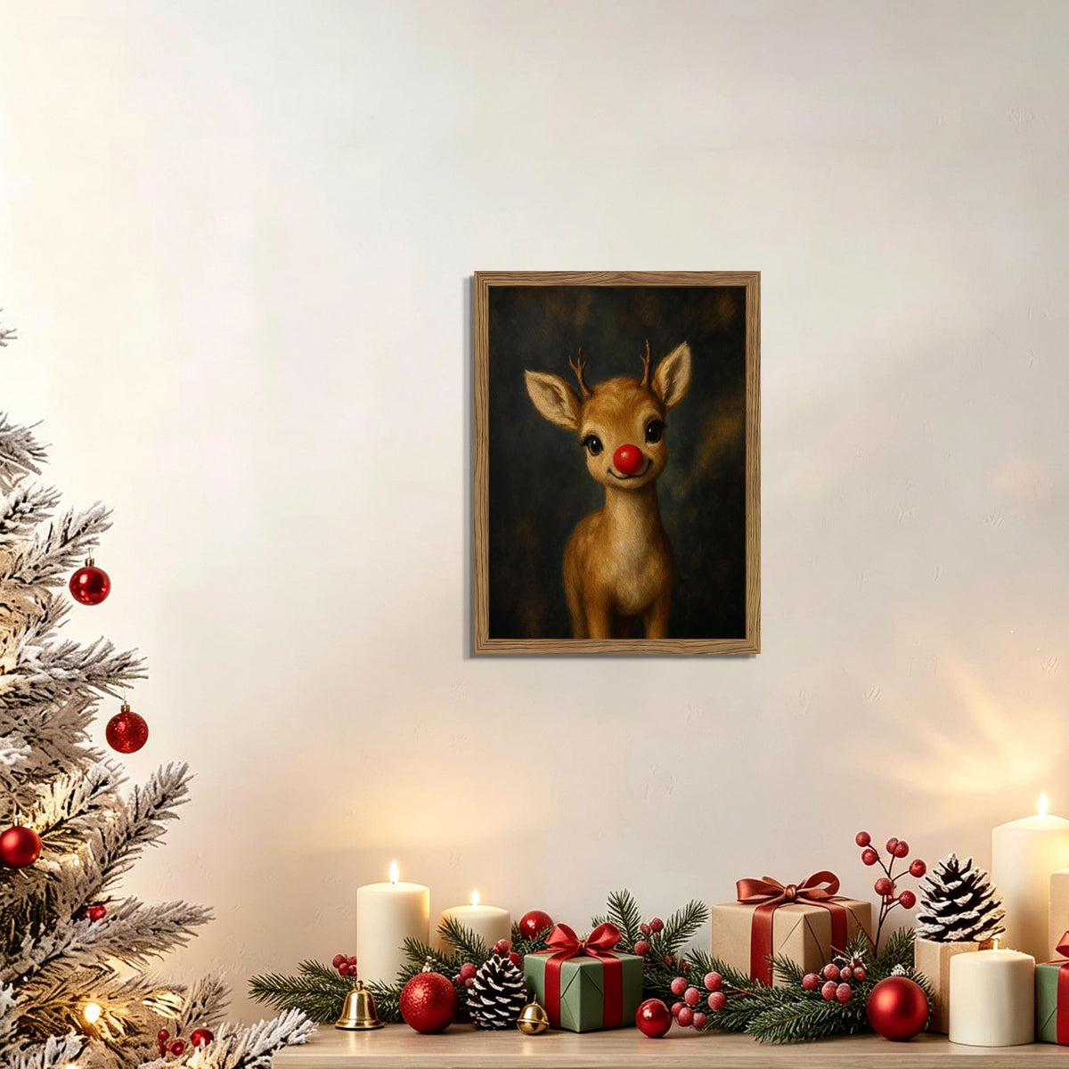 Vintage Christmas Wall Art (Red-nosed Deer / 16"L x 12"W)