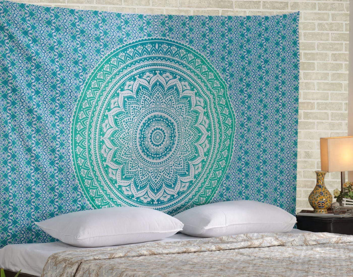 Indian Small Mandala Tapestry for Bedroom and Living Room Boho Wall Hanging Cotton Tapestries (Sea Green / 60"L x 50"W)