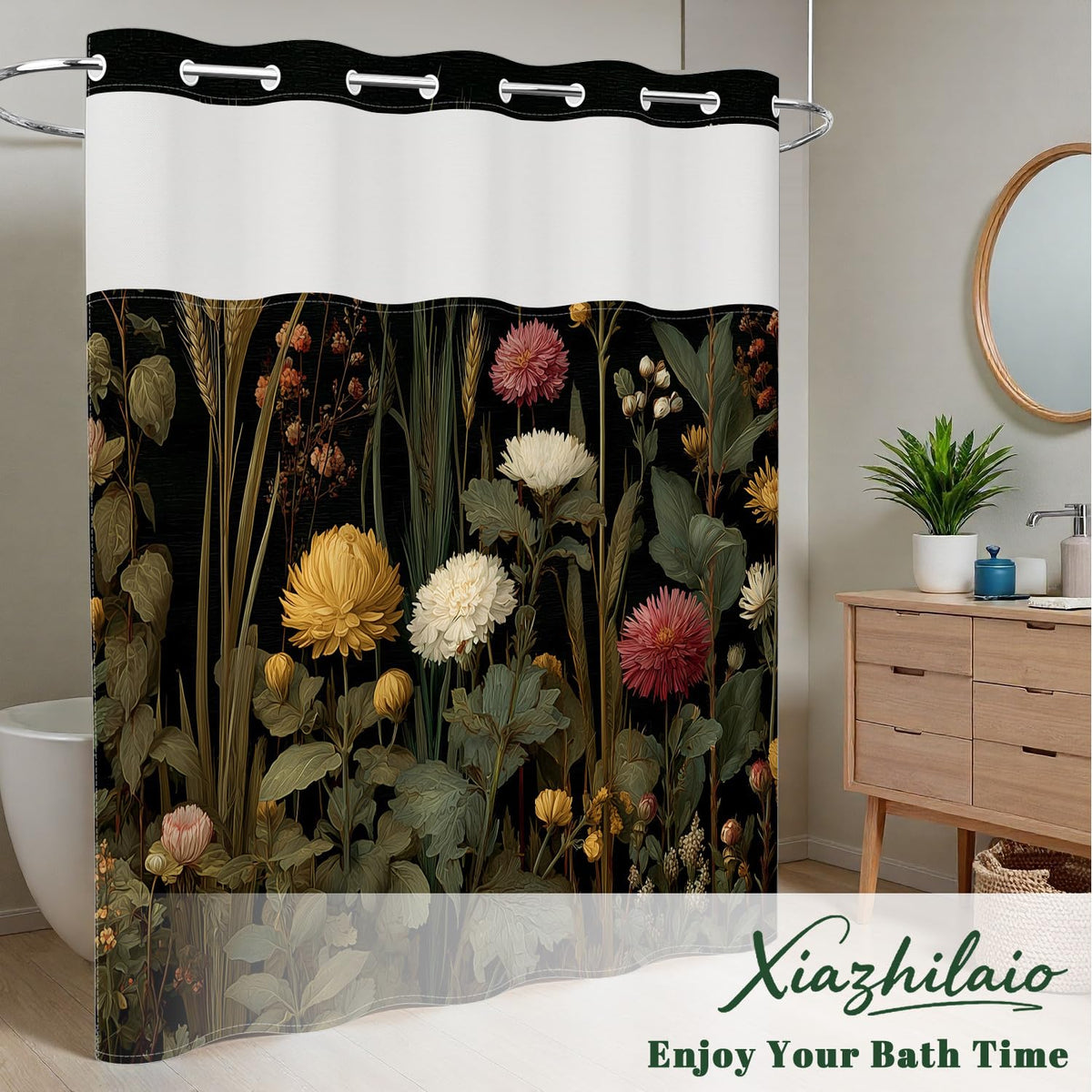 Moody Floral Shower Curtain with Snap in Liner (Gothic Garden)