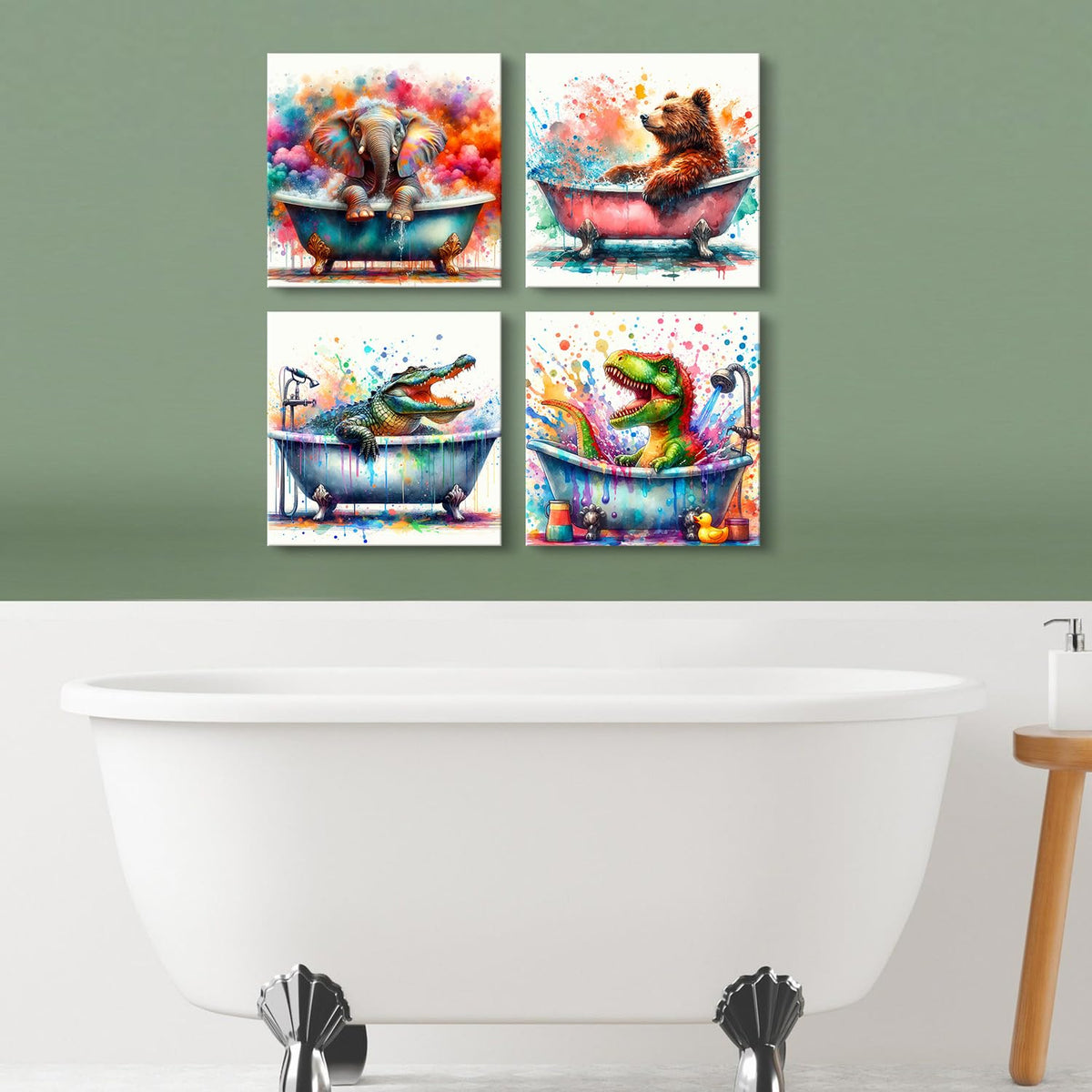 Graffiti Animals Wall Art Kids Bathroom Wall Decor Funny Dinosaur Bear Elephant Bathing Pictures Canvas Prints Nursery Toddler Poster Watercolor Crocodile Painting Artwork Bedroom Decoration 12x12" 4P (12"L x 12"W / Wildlife)