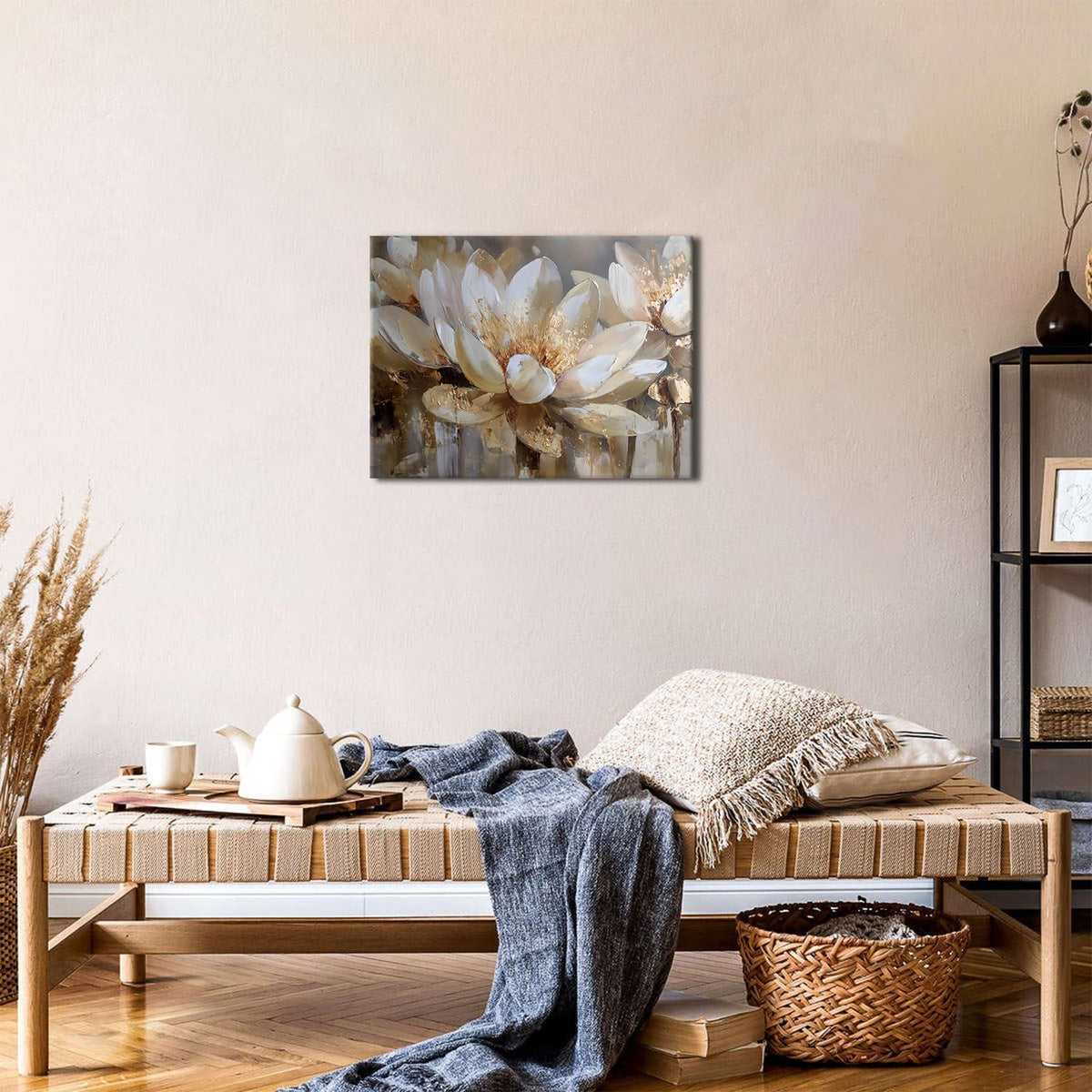 Lotus Wall Art Decor White and Gold Flower Canvas Pictures for Spa Yoga Room Zen Meditation Painting Poster Abstract Floral Canvas Prints Calming Spiritual Artwork for Living Room Home Decorations 12x16" (16"L x 12"W / Lotus)