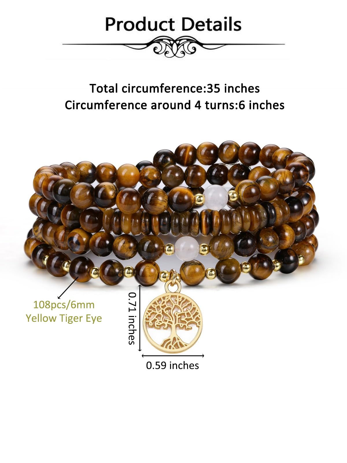 Tiger Eye Prayer Beads Bracelet Long Beaded Necklace Natural Gemstone 108 Mala Beads Tree Life Yoga Meditation Bracelet Necklace (Tiger Eye Stone)