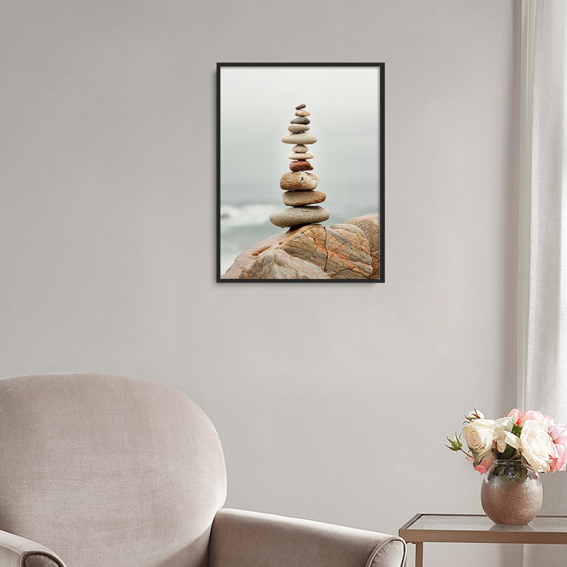 Tall Zen Rock Stack Wall Art (Black Aluminum Frame-7 / 20"L x 30"W)