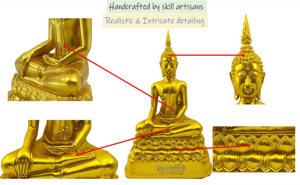 Buddha overcoming Temptations 9" H. Gold Thai Buddha Statue for Home Decor Living Room Decor Small Gift Office Gift Sculpture Figurines Zen Altar (Gold)