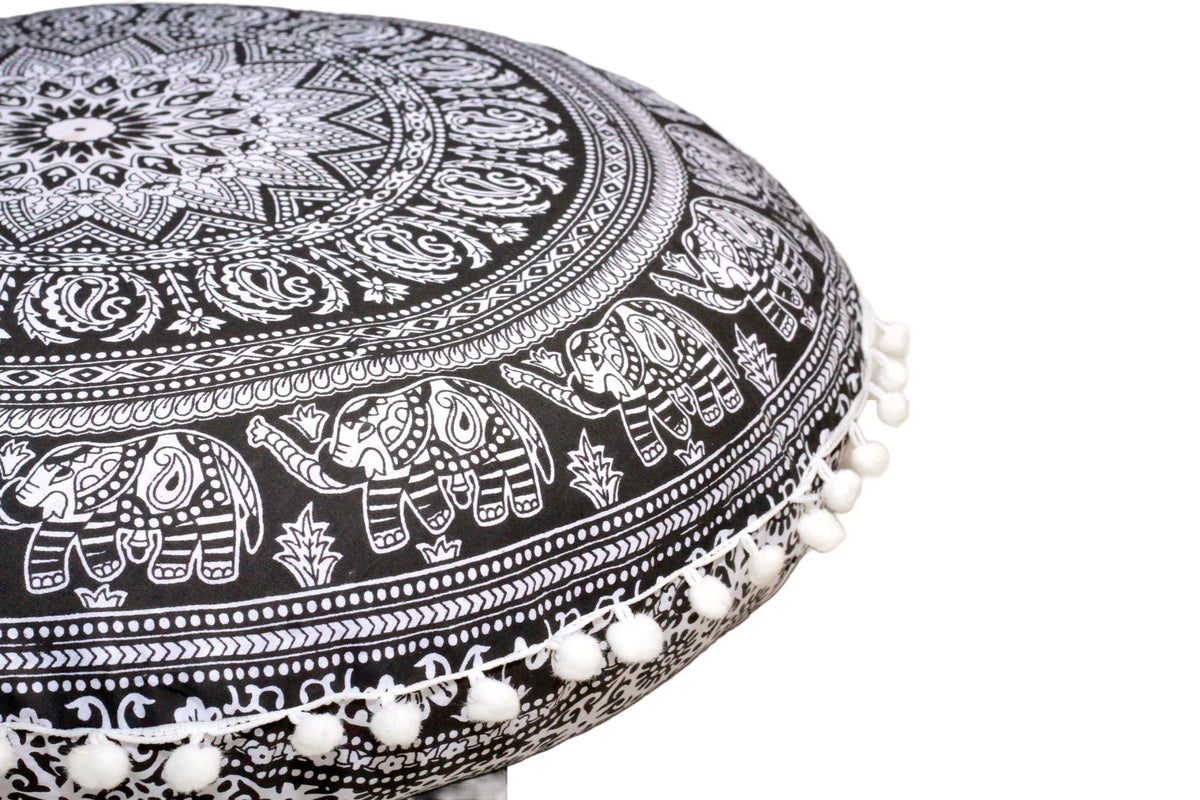 32" Large Round Bohemian Floor Pillow Cover Boho Pouf Cover Mandala Meditation Room Pillows Cover Adults Seating Poufs Cushion Cover for Kids Reading Playroom Black Elephant Flower (Black and White Elephant)