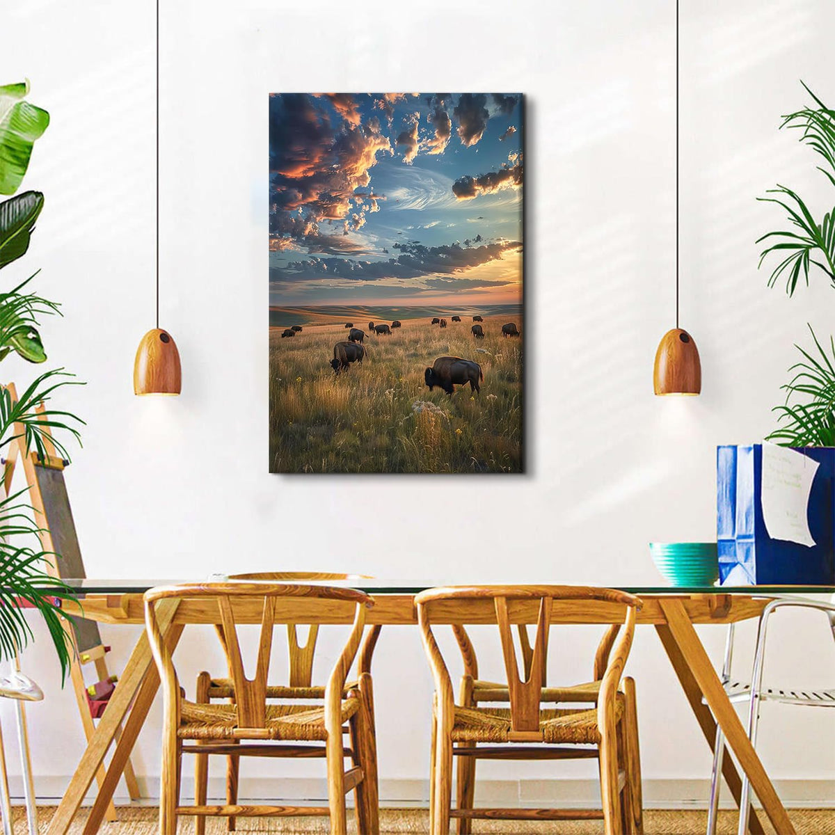 Sunset National Park Wall Art Cow Pictures Wall Decor Nature Tallgrass Prairie Farmhouse Scenic Canvas Prints American Bisons Photo Panting for Living Room Kitchen Home Decorations 32x48 (48"L x 32"W / Tallgrass Prairie)