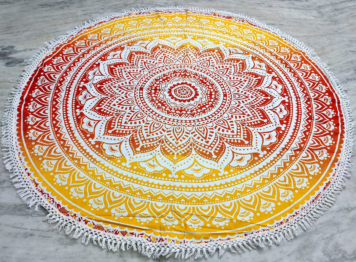 Round Beach Tapestry Turquoise Mandala Throw (5'8" (Round) / Yellow-orange)