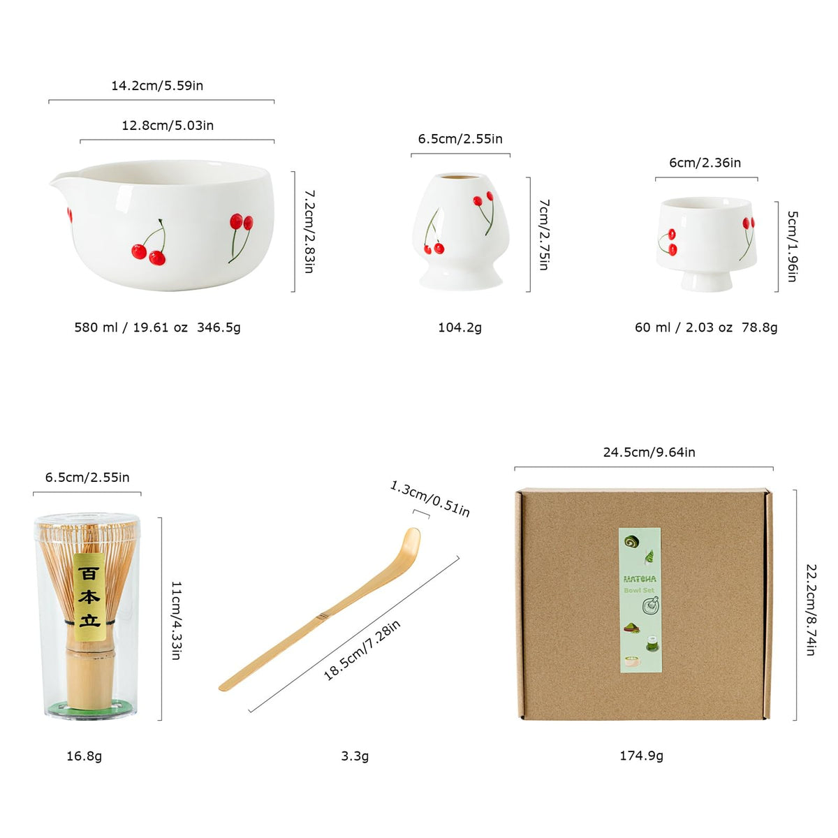 Matcha Whisk Set with Spout (Red cherries)