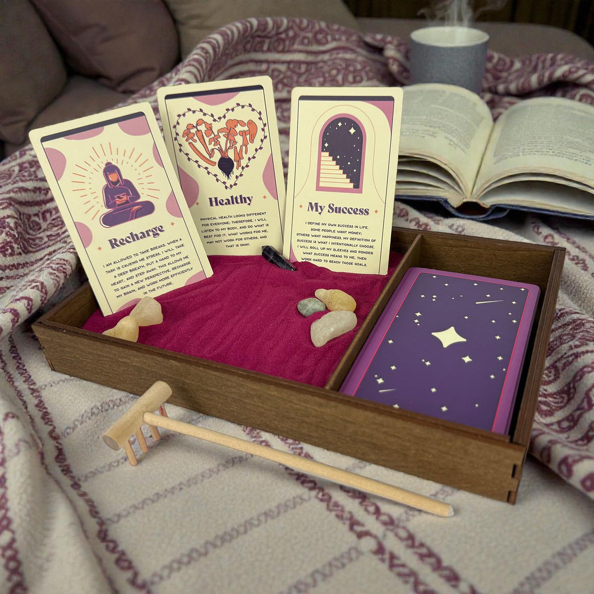 Wooden Zen Garden with Daily Affirmation Cards for Women and Men (Evening Azalea / Affirmation Cards)
