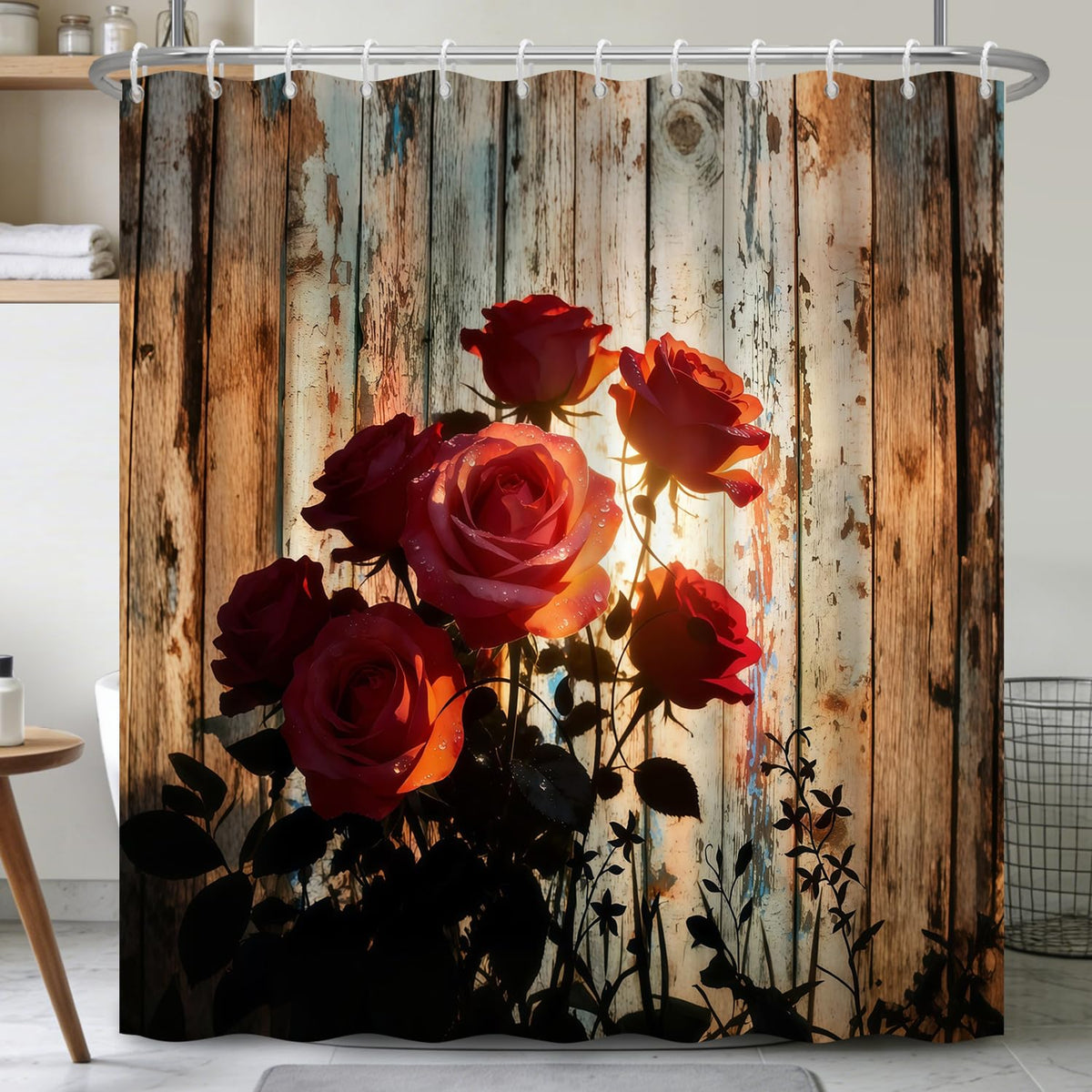 71″ x 74″ Rustic Floral Shower Curtain with Hooks (Red Rose)